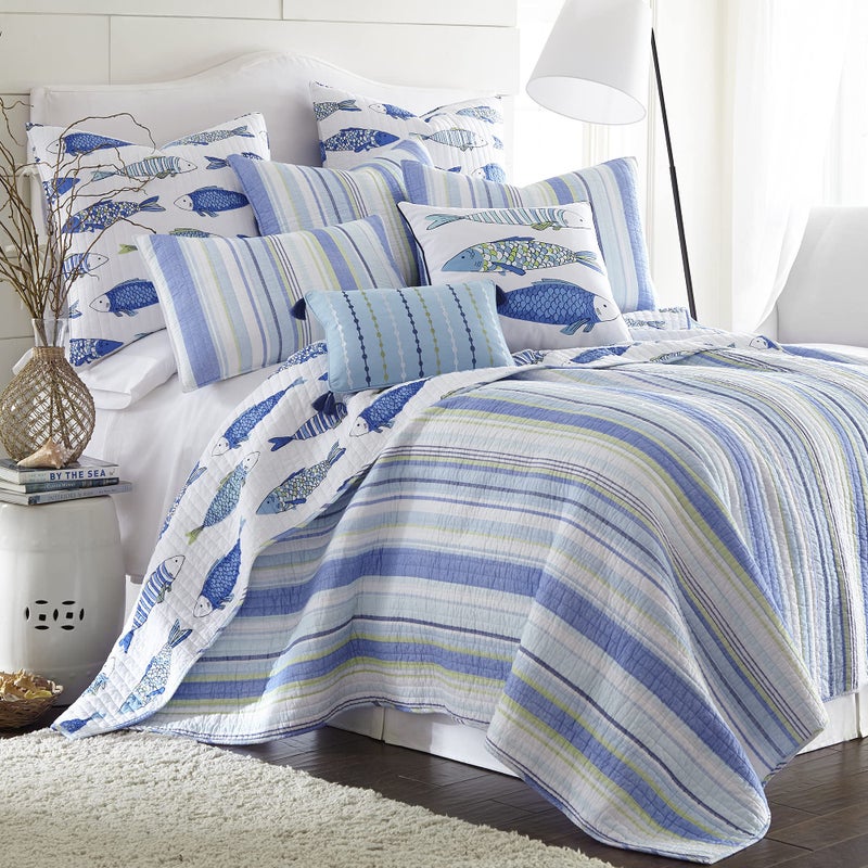 Levtex Home - Catalina Quilt Set - Full/Queen Quilt (88x92in.) + Two Standard Pillow Shams (26x20in.)- Striped Coastal Pattern in Blues and Greens - Reversible - Cotton Fabric - Image 1